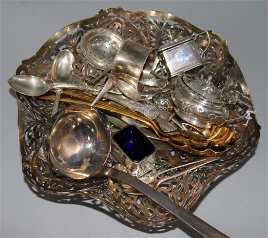 Two silver tea strainers, three silver condiments, seventeen assorted items of silver flatware and ten plated items, 14.5 oz.